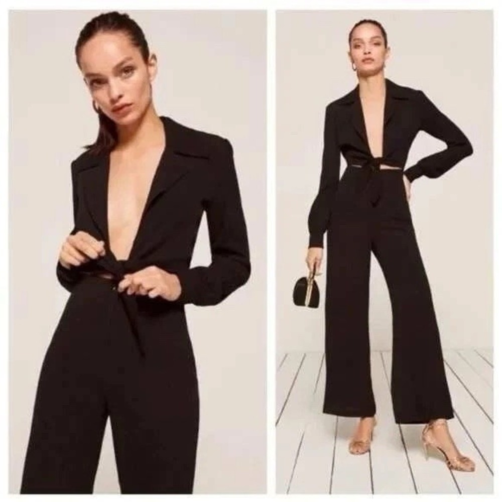 Reformation Jett Black Jumpsuit Long Sleeve Size 10 Deep Plunge & Tie Detail